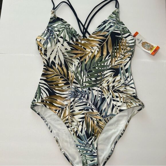NWT Hurley Swimsuit Women’s Size XXL One Piece Blue Green Tropical Leaf Print - Picture 2 of 9